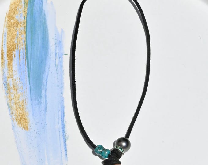Freshwater & Tahitian Pearl Leather Necklace: Natural Turquoise, Sterling Silver Spacer,  16 Inch Artisan Necklace