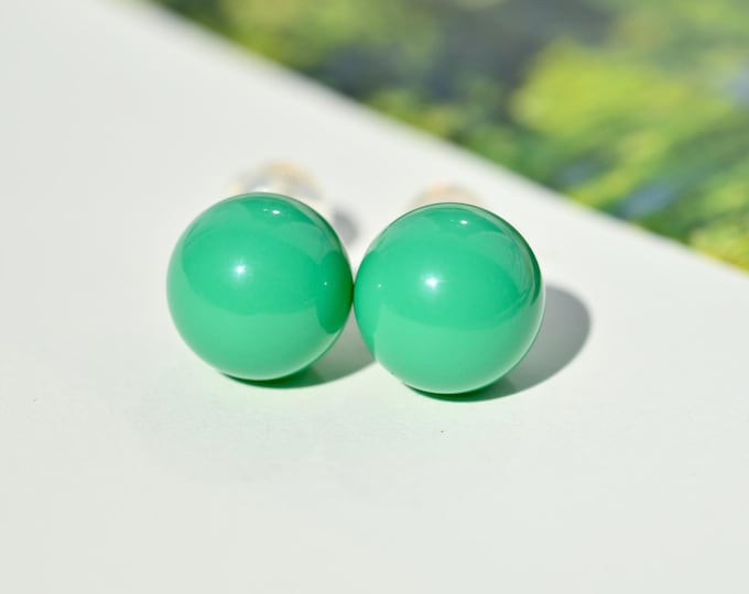 Natural Turquoise Studs: Undyed Mint Green, Solid 18K Gold, AAA+, Authentic Hubei Turquoise, 9.3mm