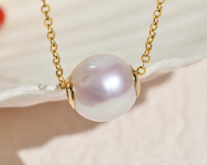 Floating Akoya Pearl Necklace: Solid 18k Gold Pin-end Chain, Japanese Saltwater Pearl, 8.9mm, AAA