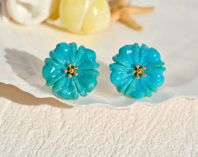 American Turquoise Flower Studs: Solid 18K Gold, 14.8mm, Forest Green, Authentic