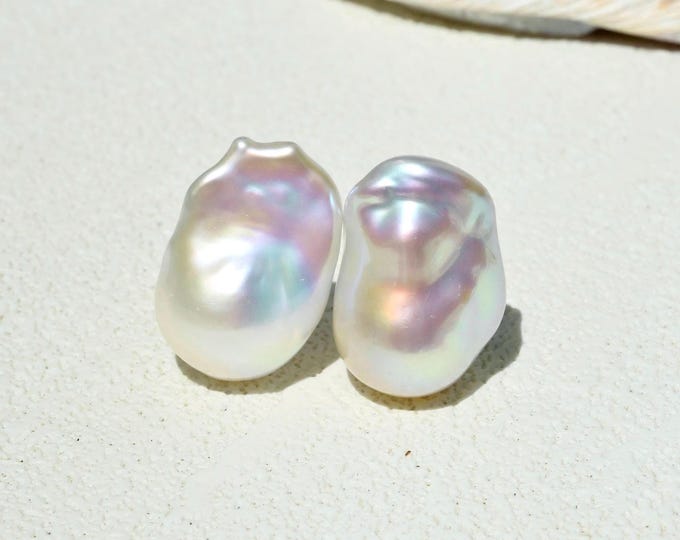 Natural Baroque Pearl Studs: Solid 18K White Gold, Iridescent White, AAA+, Large Studs, 21mm*14mm