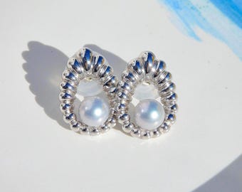 Pastel Blue Akoya Pearl Earrings: White Gold Plated Sterling Silver, Water-drop Design, 7.4mm, AAA