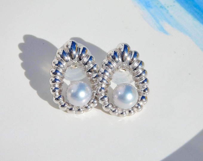 Pastel Blue Akoya Pearl Earrings: White Gold Plated Sterling Silver, Water-drop Design, 7.4mm, AAA