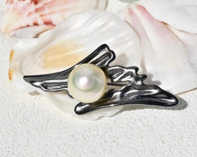 Cream South Sea Pearl Brooch/Pendant: Rhodium Plated Sterling Silver, Sculptural Pearl Jewelry, Convertible Statement Pin