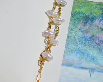 Keshi Pearl Tin Cup Bracelet: Gold Filled Chain, Adjustable Length