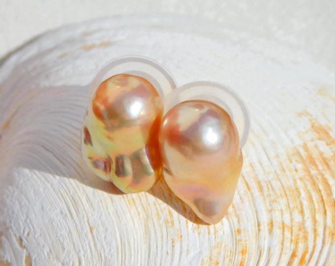 Super Metallic Baroque Pearl Studs | Freshwater Pearl Studs | Golden Peach | Solid 18k Gold Studs | Metallic Luster | Ultimate | 10mm*15mm