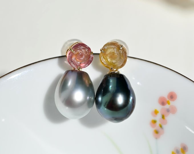 Mismatched Tourmaline Rose Earrings: Mismated Tahitian Pearls, Solid 14k Gold,  Au585, AAA+, Unmatched Earrings, Carved Flower