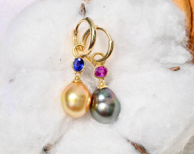 Mismatched Tahitian & Golden South Sea Pearl Earrings with Pink and Blue Sapphire