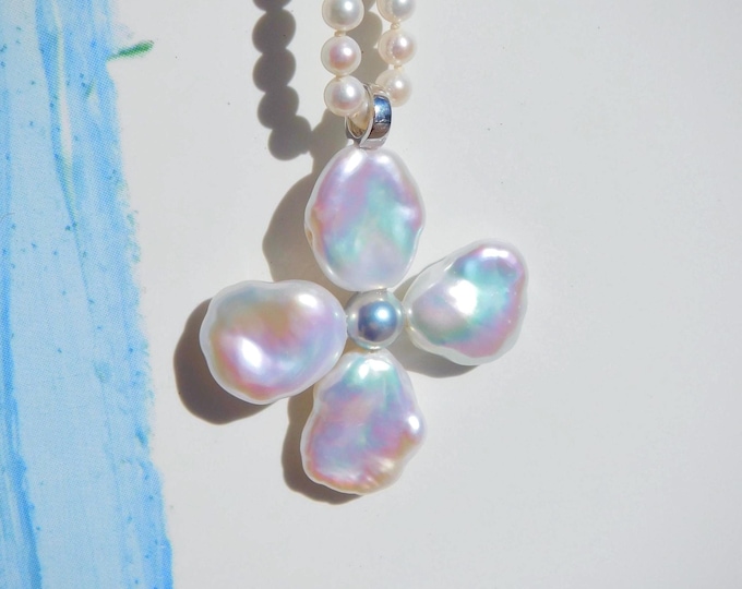 Keshi Pearl Cross Pendant | 18K White Gold, Blue Akoya Pearl