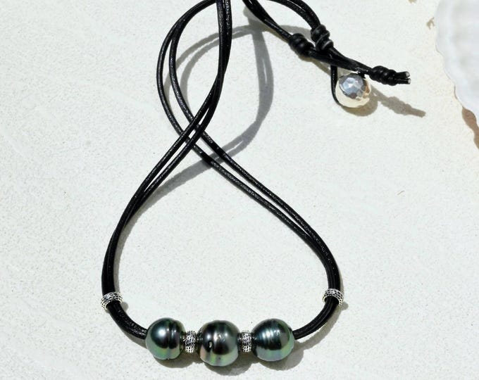 Three Tahitian Pearl Leather Necklace: Genuine Lambskin Leather Cord, Adjustable 16.5-18.5'', Sterling Silver, Triple Pearl Necklace