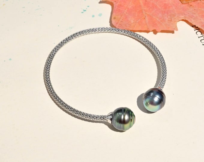 Dual Pearl Bypass Bangle: 3mm Round Sterling Silver Open Bangle, 6.5 to 7 inch Wrist Size, Tahitian Pearls