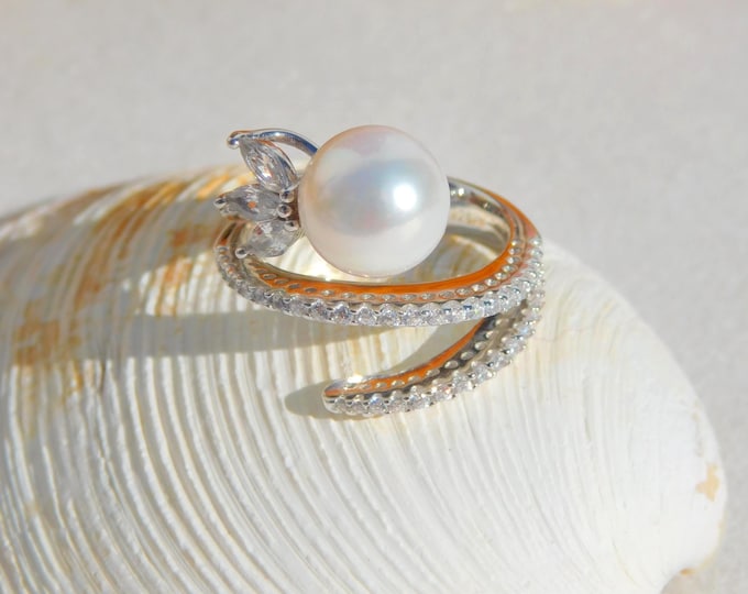 10mm White Freshwater Pearl Ring | AAA | Round | Size 8 US | White Gold Plated Sterling Silver | CZ Ring | Pearl Ring | Layered Ring