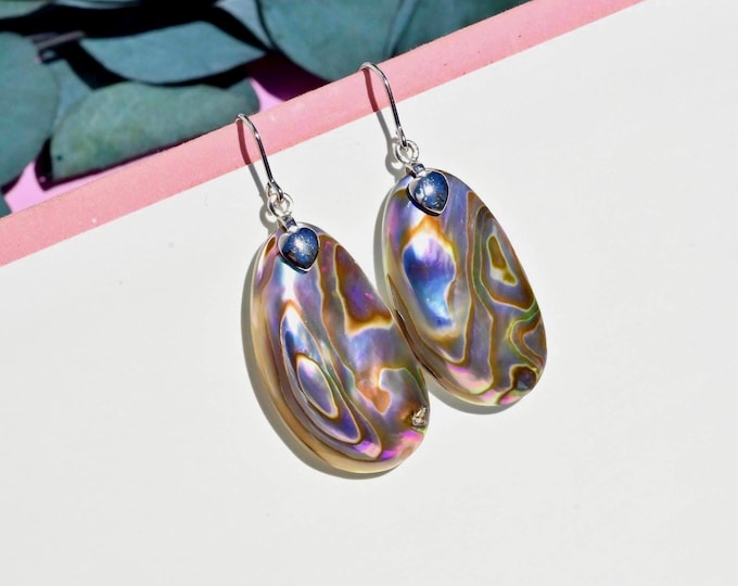Iridescent Purple Abalone Shell Earrings: Light Weight, Large Shell, Sterling Silver