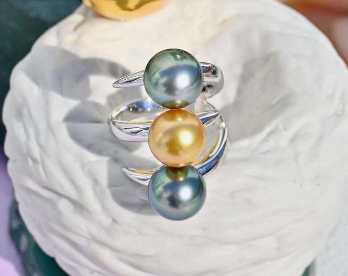 Tahitian and Golden South Sea Pearl Silver Ring: Peacock, Gray Green, AAA+, 7 1/4 US Size
