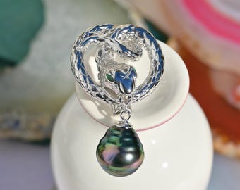 Tahitian Pearl Snake Brooch: Sterling Silver Animal Pin, S925, Peacock, AAA, Circled Pearl