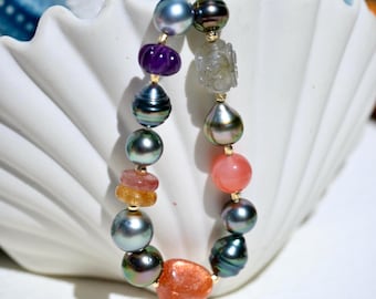 Tahitian Pearl & Gemstone Bracelet: Solid 18K Gold, AAA, Colorful, Tourmaline, Agate, Blue Moonstone