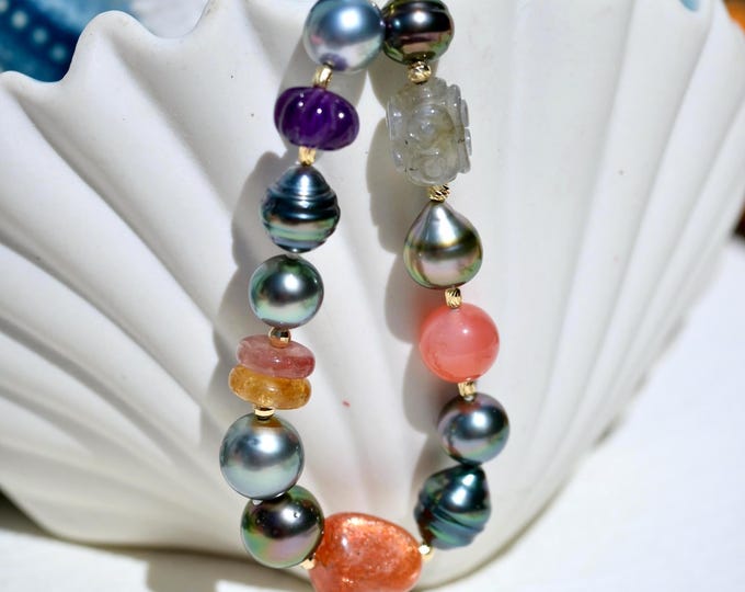 Tahitian Pearl & Gemstone Bracelet: Solid 18K Gold, AAA, Colorful, Tourmaline, Agate, Blue Moonstone