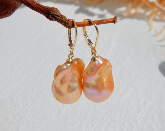 Bright Coral Pink Baroque Pearl Earrings | Solid 18kt Gold Lever Backs | Super Metallic | 14* 21mm | Freshwater Pearls | Peach | AAA+