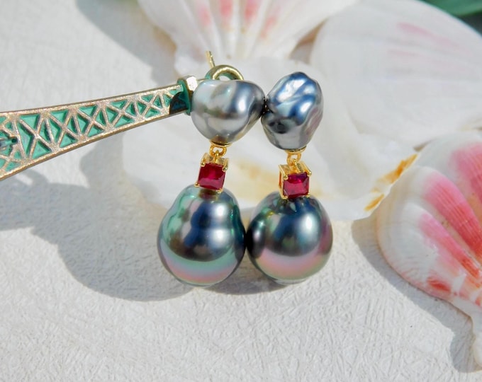 Double Pearl Drop Earrings | Tahitian Pearls | Tahitian Keshi | Natural Ruby | Solid 18kt  Gold | AAA | Red | Gemstone and Pearl | Aubergine