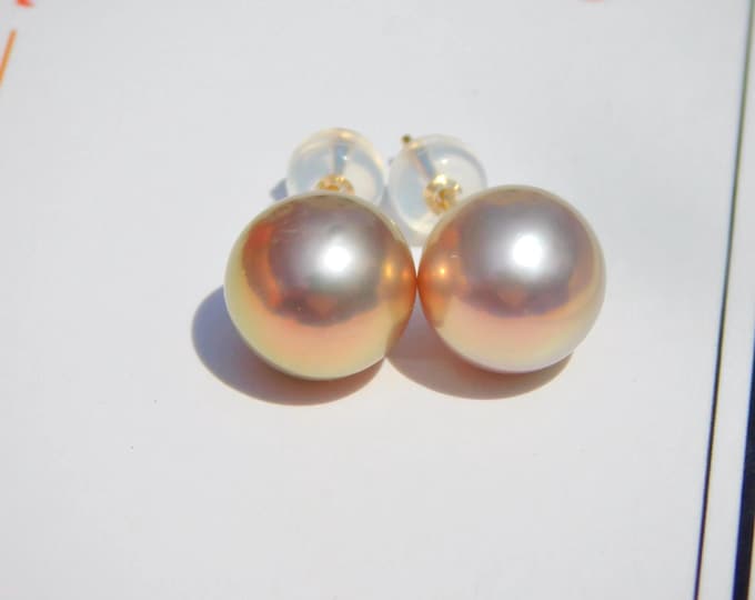 10mm Freshwater Pearl Studs | Pastel Pink Pistachio | Gold Studs | Round |  AAA+ | Solid 18K Gold Pearl Studs | Metallic Pearl Studs | Au750