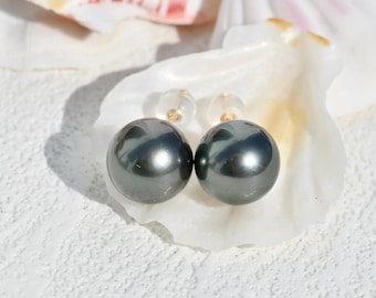 10.4mm Tahitian Pearl Studs: Solid 18K Gold, Dark Charcoal Peacock, Aubergine, AAA