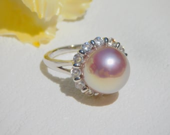 13.4mm Ultimate Luster Mauve Freshwater Pearl Ring | AAA+ | Round | Size 7.25 US | White Gold Plated Silver | Cluster Ring | Statement Ring
