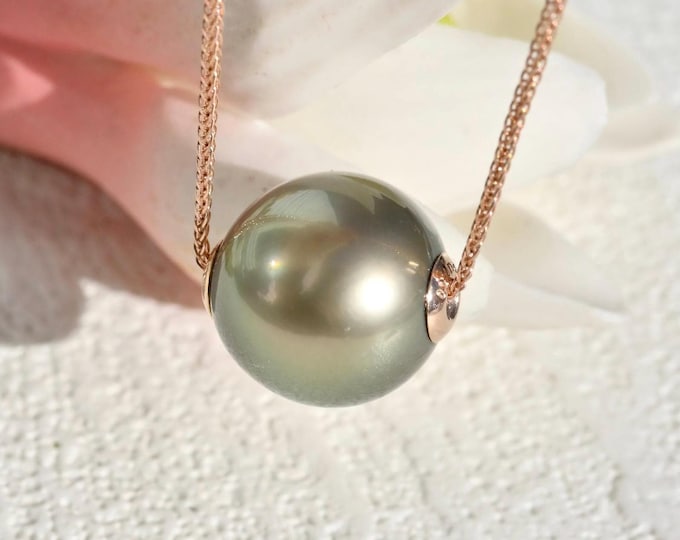Floating Tahitian Pearl Necklace: Adjustable Solid 18k Rose Gold Pin-end Chain, Pistachio, 12mm, AAA
