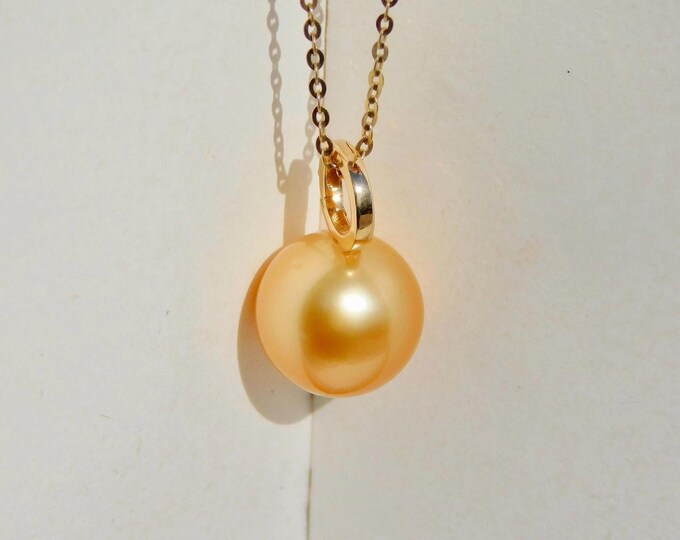 9.8mm Golden South Sea Pearl Enhancer Pendant  ( no chain) | Solid 18kt Yellow Gold | AAA | Deep Tone Golden | Small South Sea Pearl Pendant