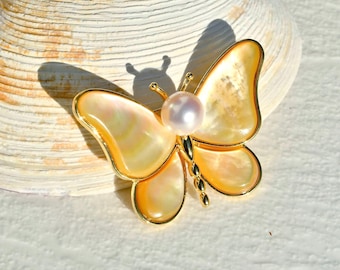 Golden Mother of Pearl Butterfly Brooch: Seashell Pin, Saltwater Akoya Pearl, Alloy