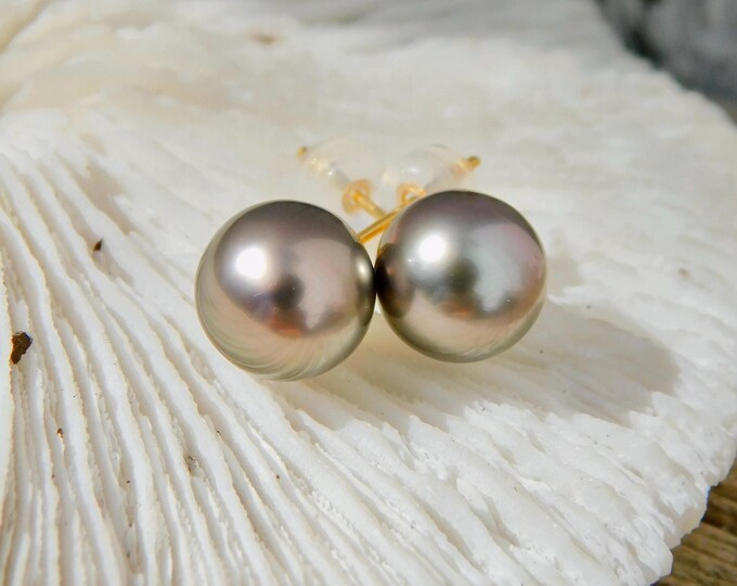 9mm Tahitian Pearl Studs |  Brown Green | AAA | Round | Solid 18kt Gold | Tahitian Pearl | Black Pearl Studs | Au750 | Black Pearl Studs
