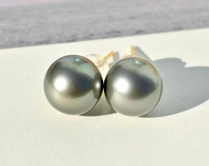 10.2mm Tahitian Pearl Studs Earrings: Round, Green Gray, Solid 18K Gold