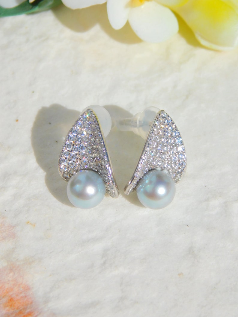 Cluster Errings Pastel Blue Akoya Pearl Earrings White Gold Plated over Silver Japanese Akoya Pearls AAA 6.7mm Modern Design image 2