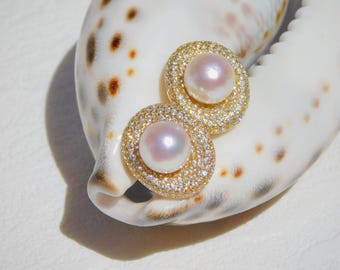 8.9mm Cluster Akoya Pearl Stud Earrings | Japanese Akoya Pearls | Gold Plated Silver | Saltwater Pearls | AAA | CZ Details | White | Pink