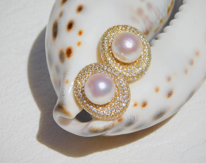 8.9mm Cluster Akoya Pearl Stud Earrings | Japanese Akoya Pearls | Gold Plated Silver | Saltwater Pearls | AAA | CZ Details | White | Pink