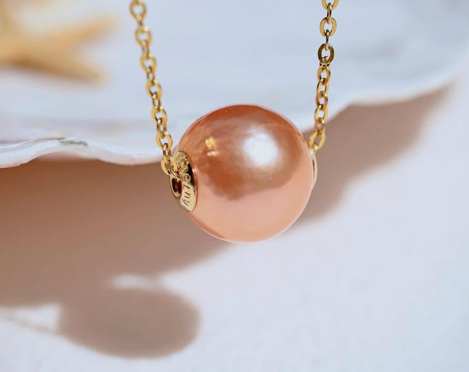 Coral Golden Floating Freshwater Pearl Necklace: Solid 18k Gold Pin-End Chain, Dainty, 10.2mm