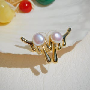 Freshwater Keshi Pearl Water Drip Earrings | Gold Plated Over Silver | White | Bold Earrings | Statement Earrings | Ultimate Luster | AAA+
