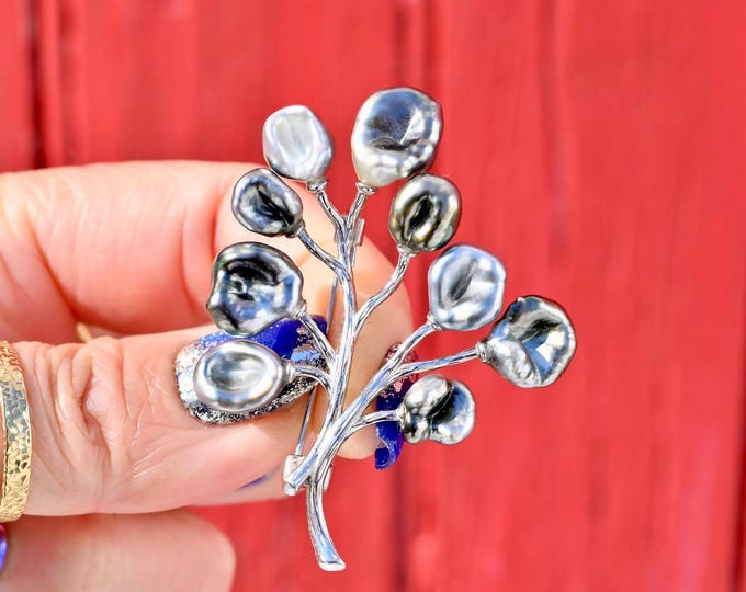 Sterling Silver Tree Brooch: Tahitian Keshi Pearls, Gray, AAA, Texture Tree, Unisex
