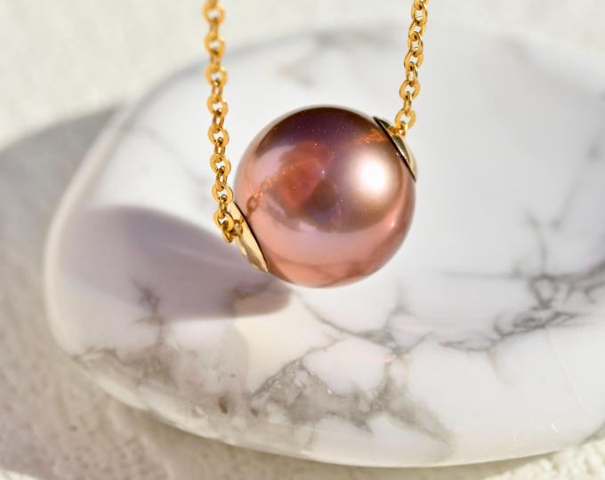 Floating Freshwater Pearl Necklace: Wine-red, Solid 18k Gold Pin-End Chain, Dainty, 10.3mm