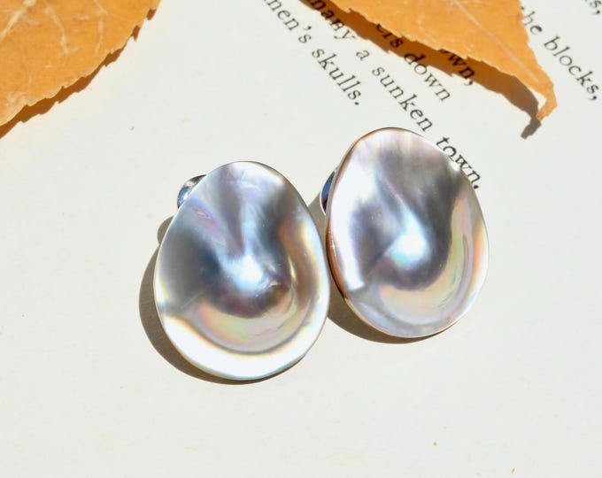 Australian South Sea Mabe Pearl Stud Earrings: Sterling Silver, 23mm * 19mm, Organic Baroque Pearl Statement Earrings
