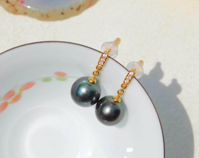 10.3mm Deep Aubergine Tahitian Pearl Earrings | Solid 14kt Yellow Gold | AAA | Au585 Gold Earrings | Drop Earrings | Eggplant Tahitian | AAA