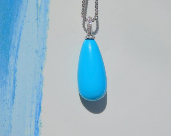 Sky Blue Turquoise Enhancer Pendant | Large Teardrop | Undyed | Hubei Turquoise | Solid 18K White Gold | 30 *15mm | Authentic Blue Turquoise