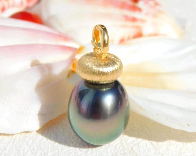 11.6mm Tahitian Pearl Pendant | Peacock | Solid 18kt Gold Enhancer (No Chain) | AAA | Saltwater Pearl Pendant | Cute Acorn | Au750