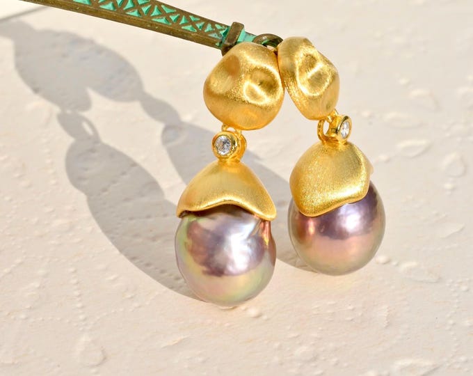 Vermeil Baroque Pearl Earrings: Kasumi-like, 13mm, AAA, Metallic Pearls, Sterling Silver