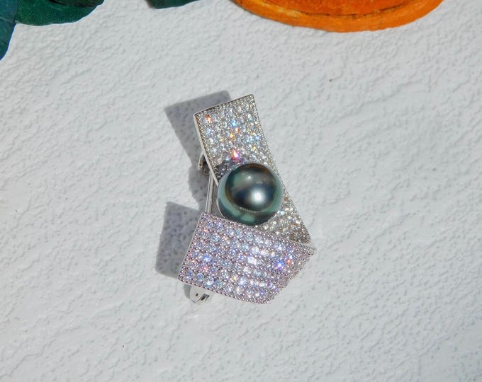 Rhinestone Ribbon Tahitian Pearl Brooch | AAA | Blue Green | 9.1mm | Ribbon Brooch | Brooch Pin | Black Pearl | Pearl Pin | Gift for Her