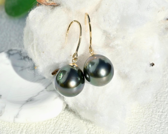Tahitian Pearl Earrings: Solid 18K Gold Fishhooks, 12mm, Deep Green Black, AAA