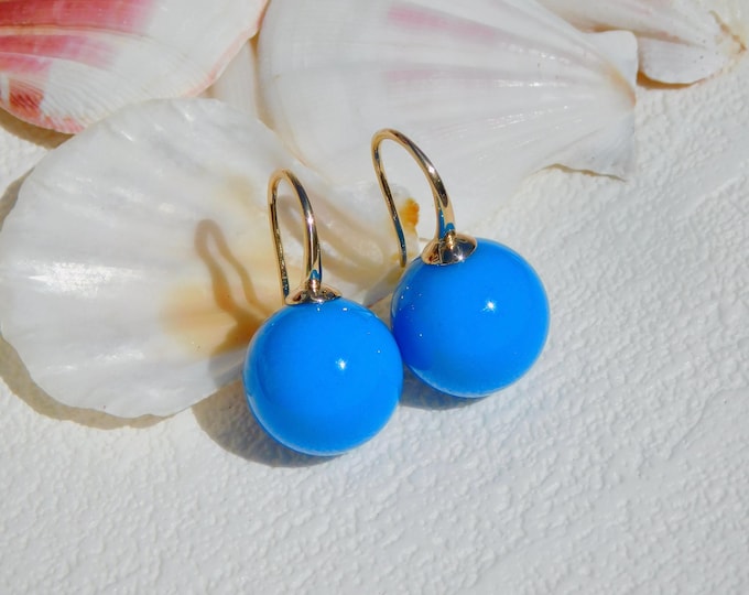 13.4mm Cobalt Blue Turquoise Drop Earrings | Undyed | Round | Hubei Turquoise | Solid 18K Gold  Authentic Blue Turquoise | AAA+ | Au750