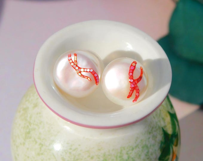 Maki-e Freshwater Pearl Studs | White | Red | One-of-A-Kind | Solid 18k Gold | Handcrafted | Mother-of Pearl | 12.8mm | Button Pearls | AAA