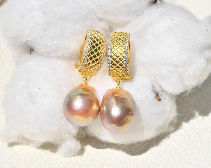 Vermeil Latch Back Kasumi-like Pearl Earrings: Large 13mm, AAA, Metallic Pearls, Sterling Silver