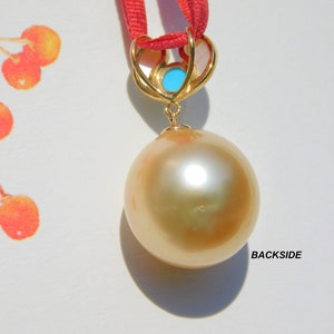 13mm Light Golden South Sea Pearl Pendant Solid 18K Gold Bail AAA Mother of Pearl and Turquoise Saltwater Pearl Pendant image 7