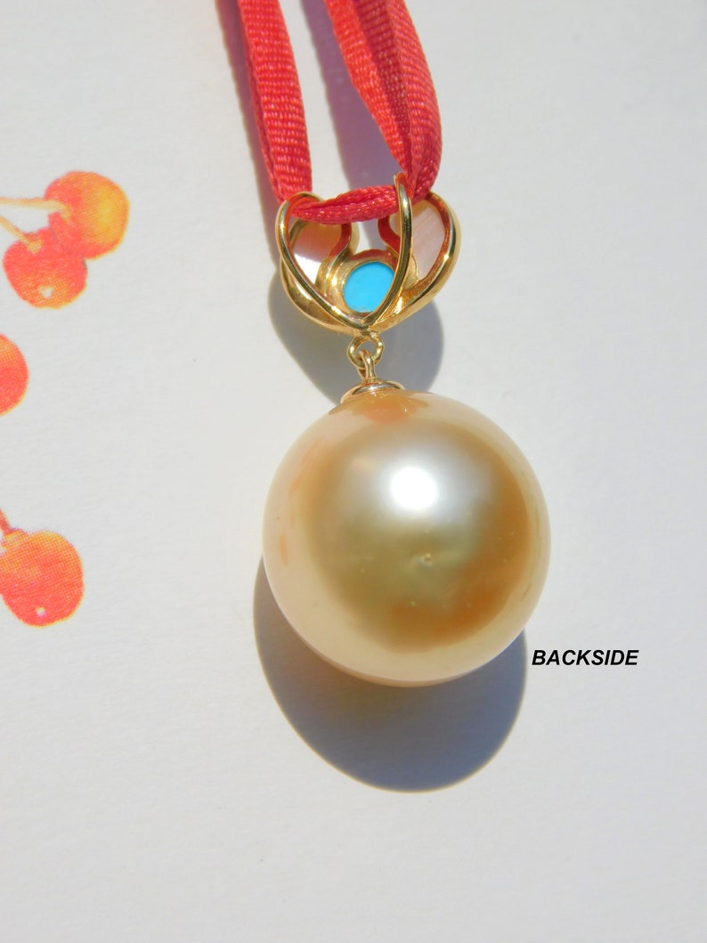 13mm Light Golden South Sea Pearl Pendant Solid 18K Gold Bail AAA Mother of Pearl and Turquoise Saltwater Pearl Pendant image 7